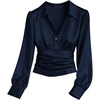 image:imageGORGLITTER Womens Long Sleeve Satin Blouse Collared V Neck Button Cinched Waist Top Dressy Elegant Ruched Casual Work ShirtsDark Blue