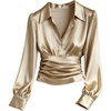 image:imageGORGLITTER Womens Long Sleeve Satin Blouse Collared V Neck Button Cinched Waist Top Dressy Elegant Ruched Casual Work ShirtsKhaki