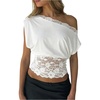 image:imageGORGLITTER Womens Off The Shoulder Lace Tops Asymmetrical Cinched Waist Date Night Party Crop BlouseWhite