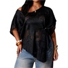 image:imageGORGLITTER Womens Plus Size Off The Shoulder Tops Floral Mesh Ruched Asymmetrical Dolman Short Sleeve Blouse ShirtBlack