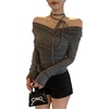 image:imageGORGLITTER Womens Wrap Tops Sexy Off The Shoulder Fitted Tie Neck Long Sleeve Trendy Tee Shirt Going Out OutfitsGrey