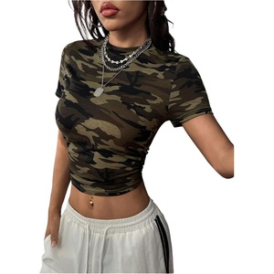 image:imageGORGLITTER Womens Camo Graphic Print Y2k Tee Shirt Cute Short Sleeve Crewneck Ruched Cropped Going Out Tops