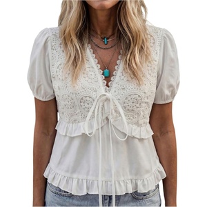 image:imageGORGLITTER Womens Floral Embroidered Tie Front Top V Neck Short Puff Sleeve Babydoll Blouse Boho Cute Peplum TopsWhite