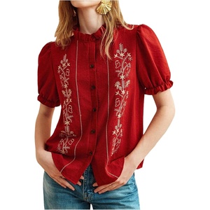 image:imageGORGLITTER Womens Floral Embroidered Tops Blouses Ruffle Short Puff Sleeve Button Down Summer Dressy ShirtsRed