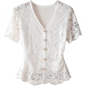 image:imageGORGLITTER Womens Floral Lace Eyelet Blouse Mesh Embroidered Short Sleeve Ruched Button Up Shirts V Neck Dressy Casual TopsWhite