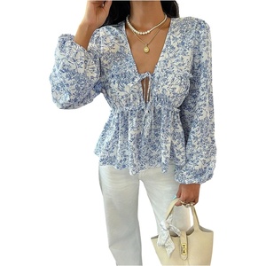 image:imageGORGLITTER Womens Floral Ruffle Babydoll Blouses Top Bow Tie Front Peplum Deep V Bishop Long Sleeve Cute Going Out TopBlue and White
