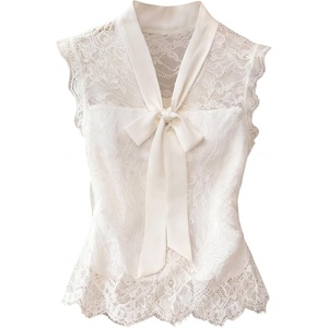 image:imageGORGLITTER Womens Lace Bow Tie Blouse Top Sheer Mesh Sleeveless Summer Dressy Tank Tops Business Casual OutfitsWhite