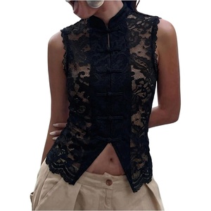 image:imageGORGLITTER Womens Lace Tank Top Mandarin Collar Guipure Split Sleeveless Shirt Blouses Vintage Going Out TopsBlack