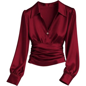 image:imageGORGLITTER Womens Long Sleeve Satin Blouse Collared V Neck Button Cinched Waist Top Dressy Elegant Ruched Casual Work ShirtsBurgundy