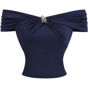 image:imageGORGLITTER Womens Metal Off The Shoulder Top Ruched Short Sleeve T Shirt Slim Fitted Crop Top Dressy Blouse Formal DinnerBlue
