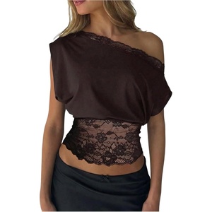 image:imageGORGLITTER Womens Off The Shoulder Lace Tops Asymmetrical Cinched Waist Date Night Party Crop BlouseBrown