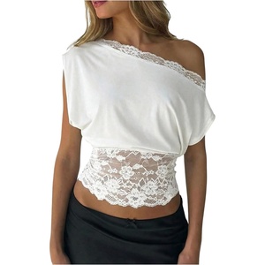 image:imageGORGLITTER Womens Off The Shoulder Lace Tops Asymmetrical Cinched Waist Date Night Party Crop BlouseWhite