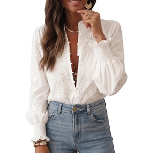 image:imageGORGLITTER Womens Peasant Blouses Tops Boho Casual Button Down Floral Embroidery Long Sleeve Ruffle Mock Neck ShirtsWhite