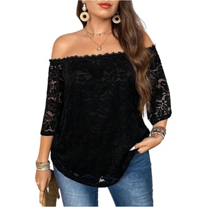 image:imageGORGLITTER Womens Plus Size Lace 34 Sleeve Tops Dressy Casual Sexy Off The Shoulder Loose Tunic Shirt Going Out TopsBlack