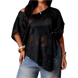 image:imageGORGLITTER Womens Plus Size Off The Shoulder Tops Floral Mesh Ruched Asymmetrical Dolman Short Sleeve Blouse ShirtBlack
