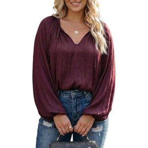 image:imageGORGLITTER Womens Plus Size Satin Blouse Pleated Tie Front V Neck Long Sleeve Dressy Casual Work Business Office TopsBurgundy
