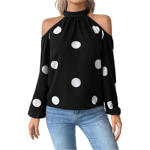 image:imageGORGLITTER Womens Polka Dots Cold Shoulder Blouse Tops Tie Back Long Sleeve Shirt Dressy Casual Business Going Out TopBlack and White