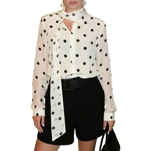 image:imageGORGLITTER Womens Polka Dots Scarf Shirt Chiffon Long Sleeve Button Down Shirts Vintage Business Casual TopsBlack and White