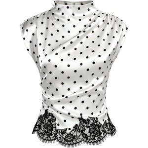 image:imageGORGLITTER Womens Polka Dots Top Lace Trim Ruched Mock Neck Dressy Casual Blouse Summer Business Sleeveless ShirtsBlack and White