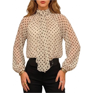 image:imageGORGLITTER Womens Polka Dots Tops Bow High Neck Lantern Long Sleeve Shirt Blouse Business Casual Teacher Tops OutfitsBeige