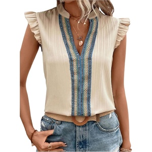 image:imageGORGLITTER Womens Ruffle Cap Sleeve Shirt Boho V Neck Embroidery Western Vacation Blouse Top Summer Resort Winery OutfitApricot