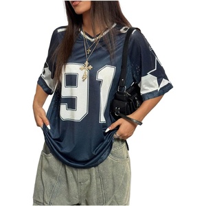 image:imageGORGLITTER Womens V Neck Graphic Jersey Top Mesh Oversized Star amp Number Print Half Sleeve T ShirtBlue
