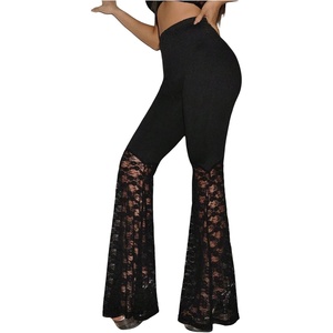 image:imageGORGLITTER Womens Floral Lace Bell Bottom Pants Sheer Mesh Flare Leg Elastic High Waist Trendy Sexy Long TrousersLace Black