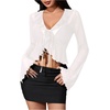 image:imageGORGLITTER Womens Bell Sleeve Tie Front Y2K Tops Classy Cute Sheer Going Out Gothic Concert Mesh Long Sleeve Crop TopsSolid White