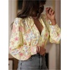 image:imageGORGLITTER Womens Boho Peasant Blouse Floral Lace Long Sleeve Button Down Shirt Vintage Fall Outfits 2025Yellow