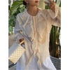 image:imageGORGLITTER Womens Chiffon Blouses Dressy Casual Boho Peasant Tops Ruffled Sheer Long Sleeve Button Up Shirt Fall TrendyBeige