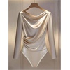 image:imageGORGLITTER Womens Draped Long Sleeve Bodysuits Satin Ruched Dressy Body Suit Tops Business Casual LeotardsApricot