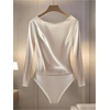 image:imageGORGLITTER Womens Draped Long Sleeve Bodysuits Satin Ruched Dressy Body Suit Tops Business Casual LeotardsApricot