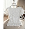image:imageGORGLITTER Womens Eyelet White Lace Blouse Boho Mesh Embroidered Short Sleeve V Neck Ruched Button Down Shirt Dressy TopsWhite