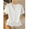 image:imageGORGLITTER Womens Eyelet White Lace Blouse Boho Mesh Embroidered Short Sleeve V Neck Ruched Button Down Shirt Dressy TopsWhite