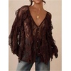 image:imageGORGLITTER Womens Lace Tops Sexy Sheer Mesh Ruffle V Neck Long Sleeve Fall Blouse See Through Button Down ShirtCoffee Brown