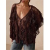 image:imageGORGLITTER Womens Lace Tops Sexy Sheer Mesh Ruffle V Neck Long Sleeve Fall Blouse See Through Button Down ShirtCoffee Brown
