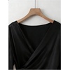 image:imageGORGLITTER Womens Satin Wrap Blouse Side Ruched V Neck Short Sleeve Elegant Work Office Business Shirts TopBlack