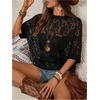 image:imageGORGLITTER Womens Sheer Mesh Tops Lace See Through Embroidered 34 Sleeve Oversized Floral T Shirt Going Out BlouseBlack