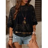 image:imageGORGLITTER Womens Sheer Mesh Tops Lace See Through Embroidered 34 Sleeve Oversized Floral T Shirt Going Out BlouseBlack