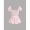 image:imageGORGLITTER Womens Smocked Peplum Tie Front Blouse Floral Jacquard Sweetheart Neck Puff Sleeve Babydoll TopsPink