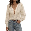 image:imageGORGLITTER Womens Boho Blouses Lace Floral Button Up Shirt Sheer Peasant Blouses Long Sleeve Western Flowy TopsWhite