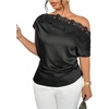 image:imageGORGLITTER Womens Plus Size Satin Lace Off The Shoulder Top Dolmsn Sleeve Asymmetrical Blouse ShirtBlack