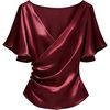 image:imageGORGLITTER Womens Satin Wrap Blouse Side Ruched V Neck Short Sleeve Elegant Work Office Business Shirts TopBurgundy