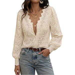 image:imageGORGLITTER Womens Boho Blouses Lace Floral Button Up Shirt Sheer Peasant Blouses Long Sleeve Western Flowy TopsWhite