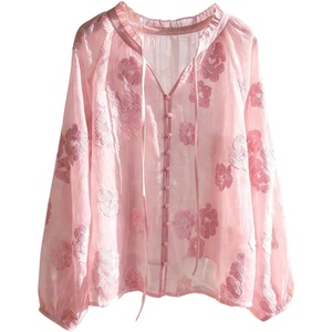 image:imageGORGLITTER Womens Boho Peasant Blouses Floral Embroidered Tops Summer Sheer Tie Front Flowy Long Sleeve Button Up ShirtsPink Flower