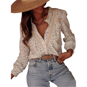 image:imageGORGLITTER Womens Lace Floral Peasant Blouse Top Embroidered Button Up Patchwork Shirts Boho Long Sleeve Going Out TopsApricot