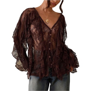 image:imageGORGLITTER Womens Lace Tops Sexy Sheer Mesh Ruffle V Neck Long Sleeve Fall Blouse See Through Button Down ShirtCoffee Brown