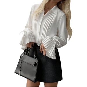image:imageGORGLITTER Womens Pleated Work Blouses Button Down Bell Long Sleeve Tops Dressy Collar Shirts Business Casual OutfitsWhite