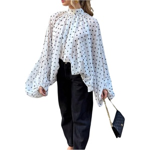 image:imageGORGLITTER Womens Polka Dots Blouse Chiffon Ruched Bishop Sleeve Shirts Dressy Casual Mock Neck Work Office TopsWhite