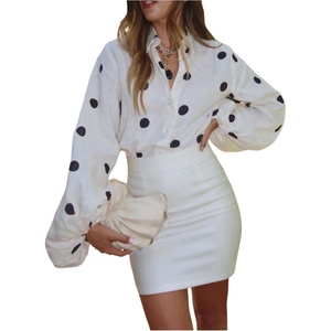 image:imageGORGLITTER Womens Polka Dots Top Lantern Sleeve Collared Button Down Shirt Dressy Casual Business Office Work BlouseBlack and White